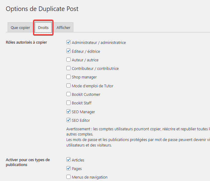Onglet des autorisation duplicate post comment dupliquer un article ou une page sur WordPress