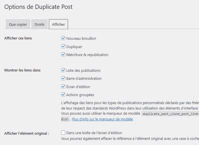Duplicate post configuration du plugin