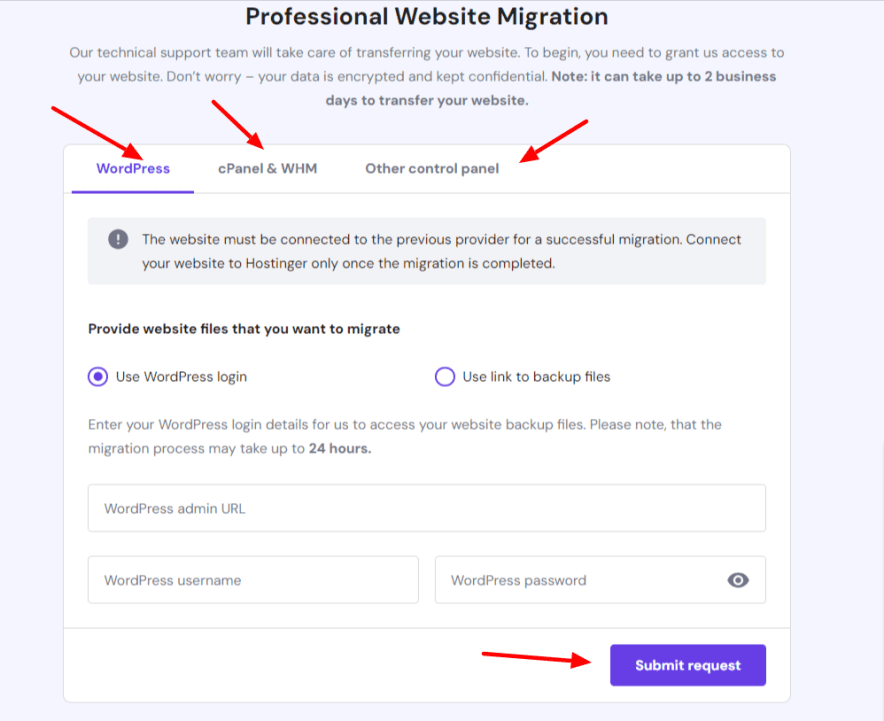 Formulaire de demande de migration Hostinger
