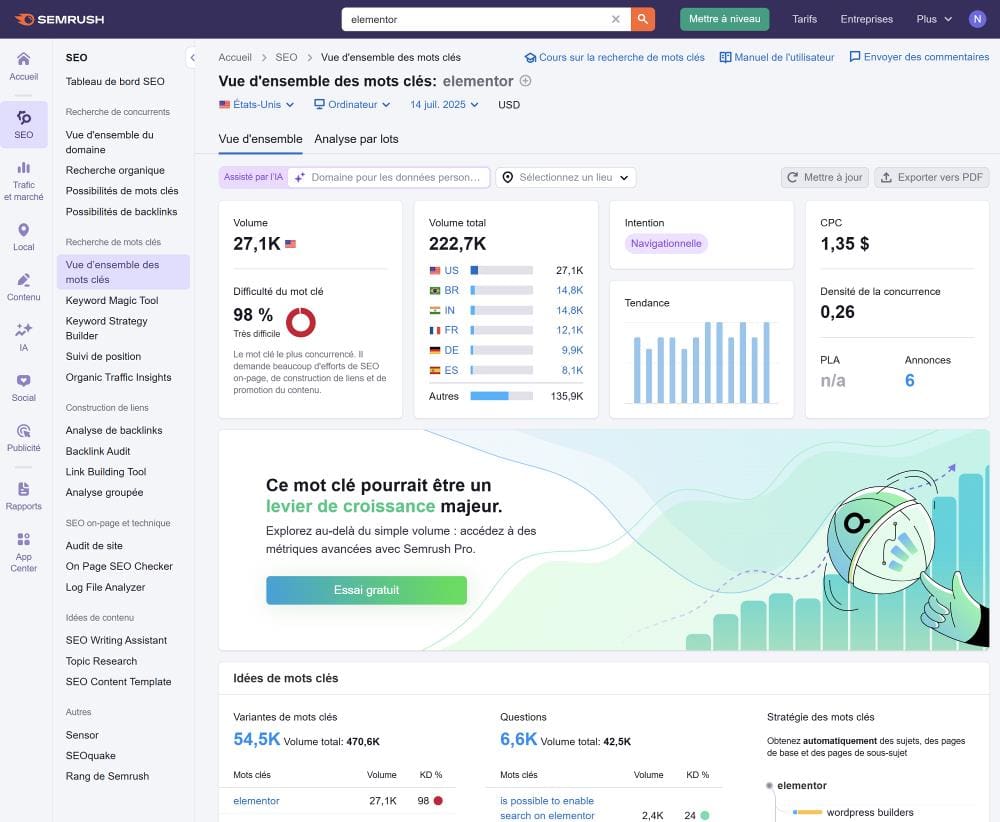 Interface de Semrush » BlogPasCher Interface de Semrush