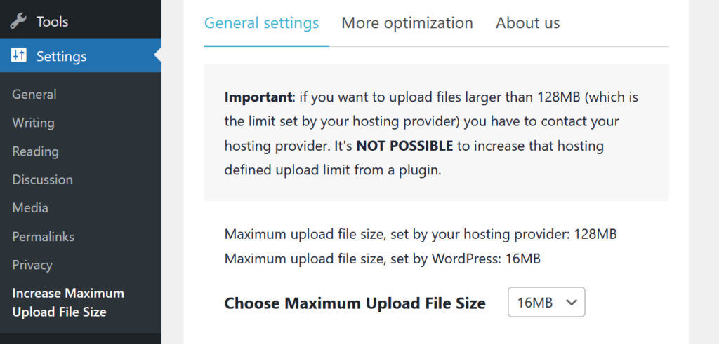 Choisissez la limite de taille de fichier WordPress