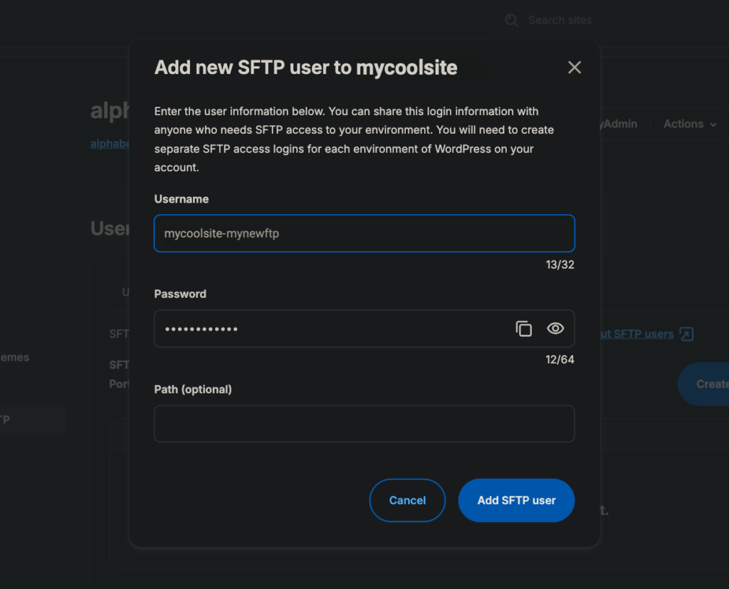 Création d’un nouveau compte FTP sur WP Engine