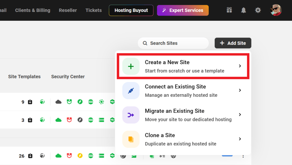 Créer un nouveau site dans le hub