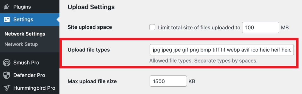 Modification des limites de type et de taille de fichier