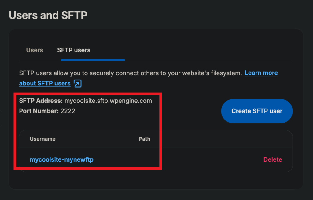 Nouveau compte FTP créé sur WP Engine