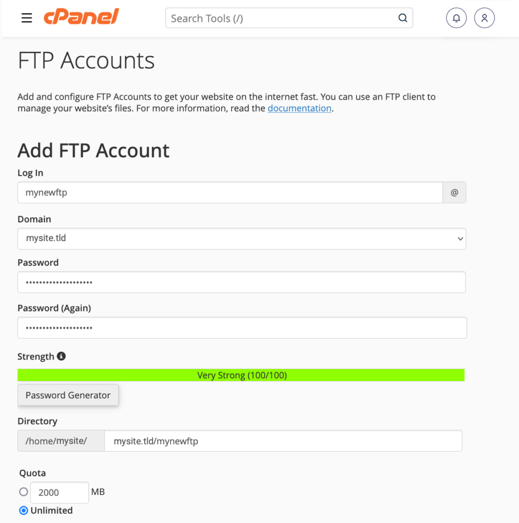 création d'un nouveau compte dans cPanel