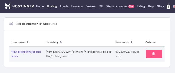 Nouveau compte FTP créé chez Hostinger