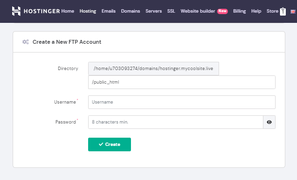 Création d’un nouveau compte FTP chez Hostinger