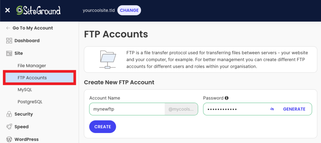 Création d'un nouveau compte ftp dans Siteground
