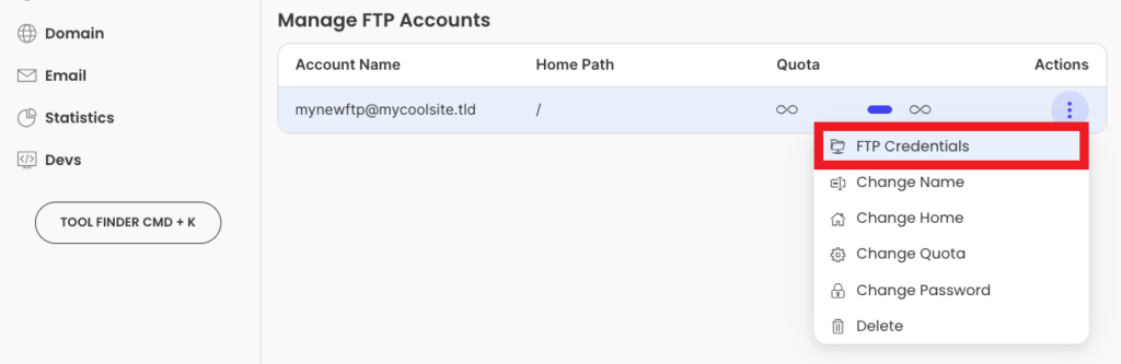 Options du compte FTP de Siteground