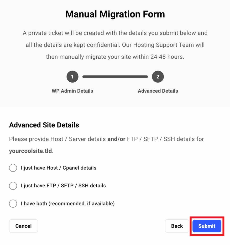 Formulaire de migration manulle
