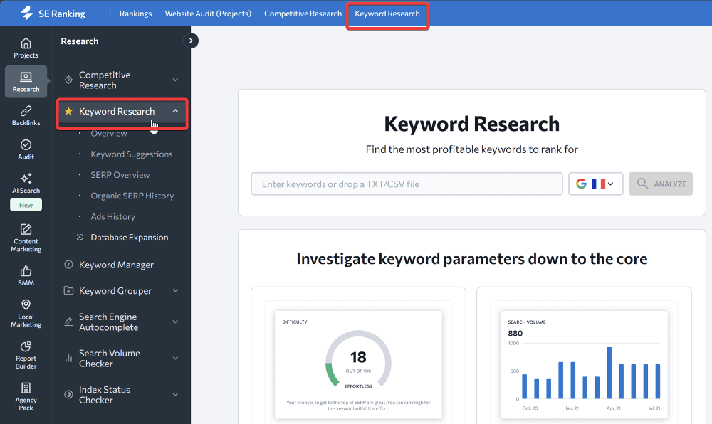 Outil recherche mots-clés SE Ranking » BlogPasCher SE Ranking