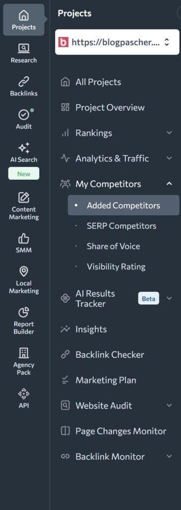 interface utilisateur de la barre latérale du classement se - simple et direct » BlogPasCher Interface utilisateur de la barre latérale de SE Ranking - simple et direct