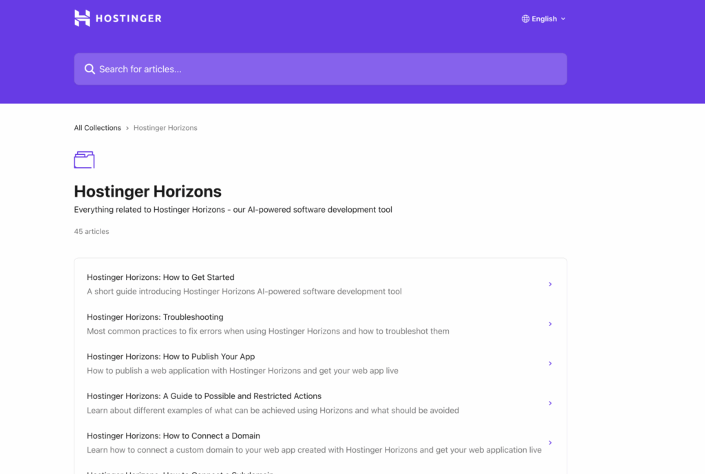 Guides détaillés de Hostinger Horizons - Base de connaissances