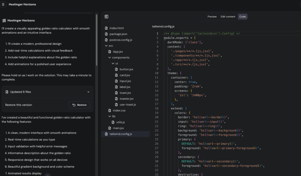 Mon tableau de bord Hostinger Horizons