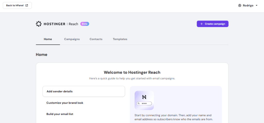 Tableau de bord Hostinger Reach » BlogPasCher Tableau de bord Hostinger Reach
