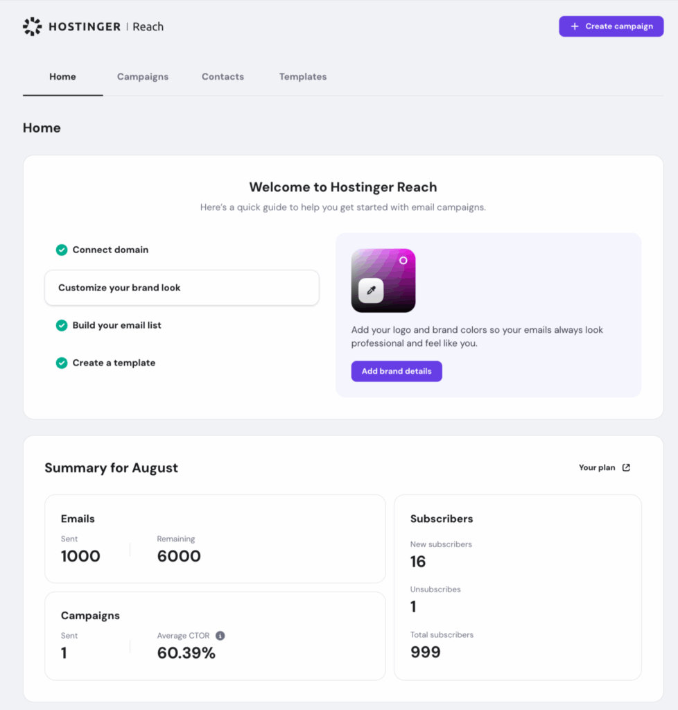 Tableau de bord Hostinger Reach » BlogPasCher Tableau de bord Hostinger Reach