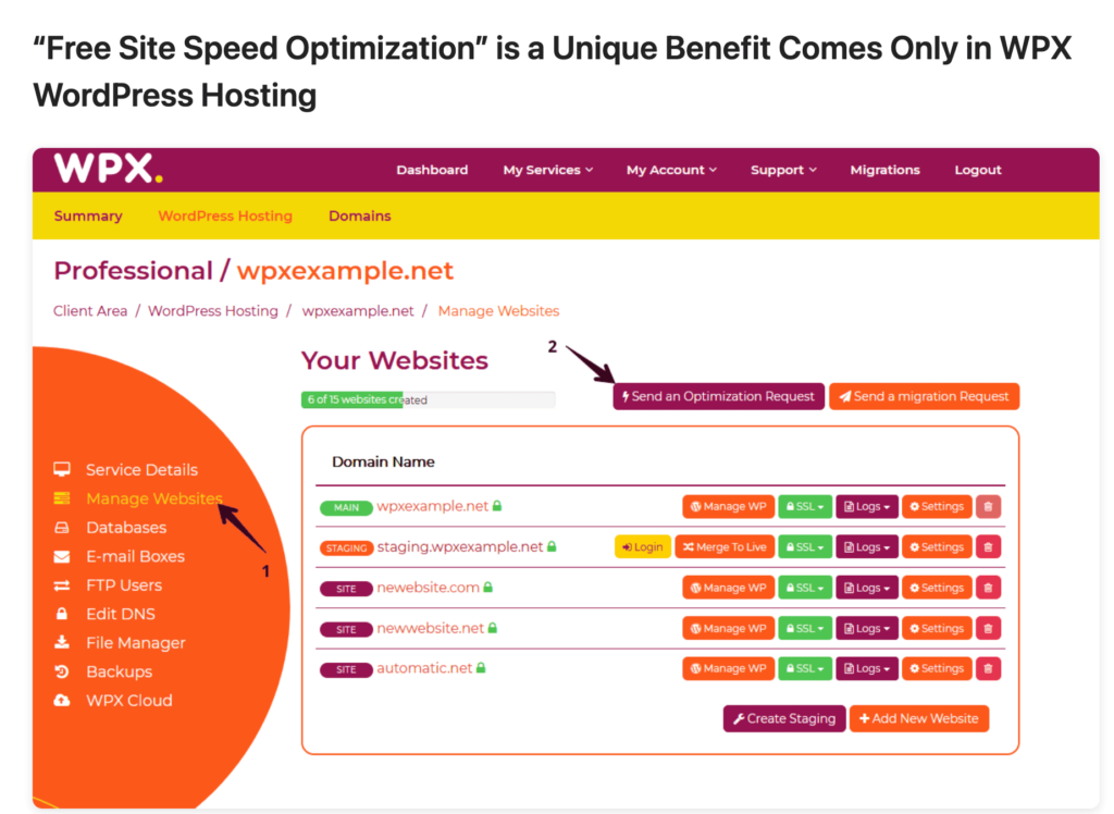 Fonctionnalité d’optimisation gratuite du site disponible dans l’hébergement WPX