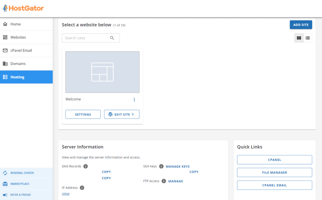 Tableau de bord HostGator