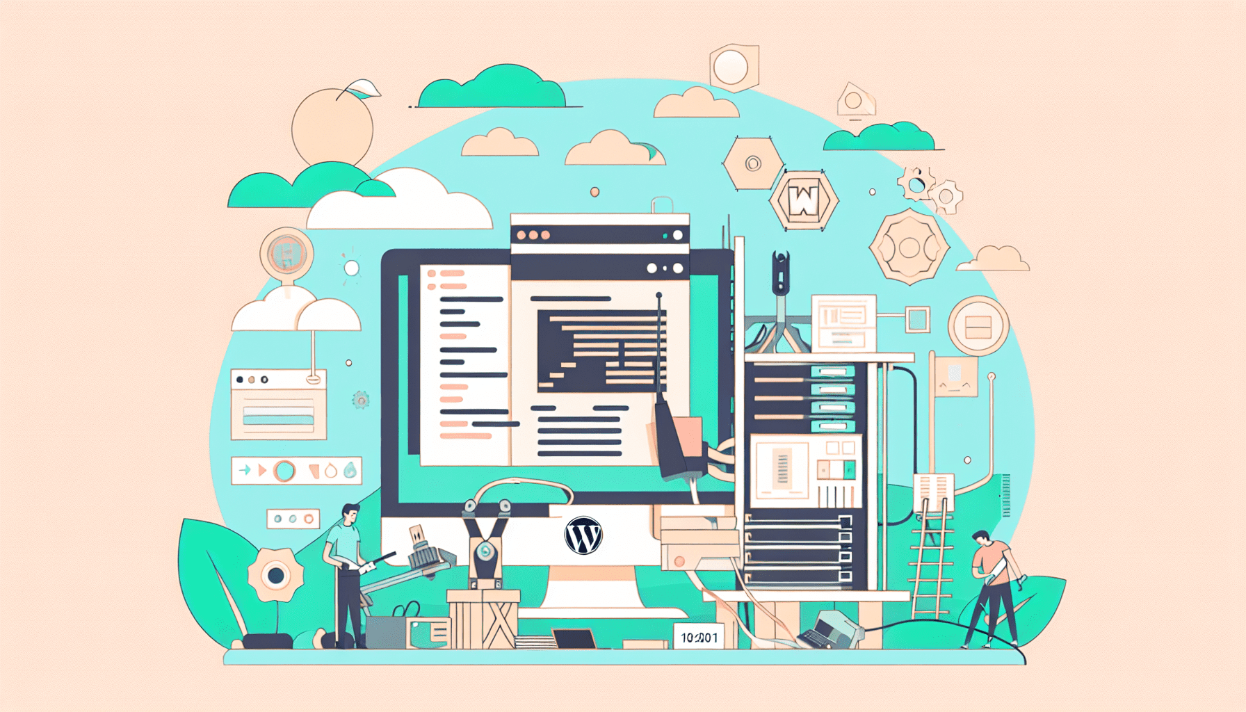 Иллюстрация пустого экрана WordPress на компьютере с инструментами устранения неполадок и значками плагинов, тем и PHP.