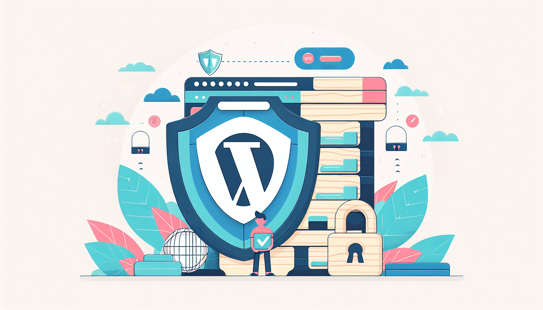 Illustration av en WordPress-instrumentpanel som visar plugin-uppdateringar och ett säkerhetshänglås.