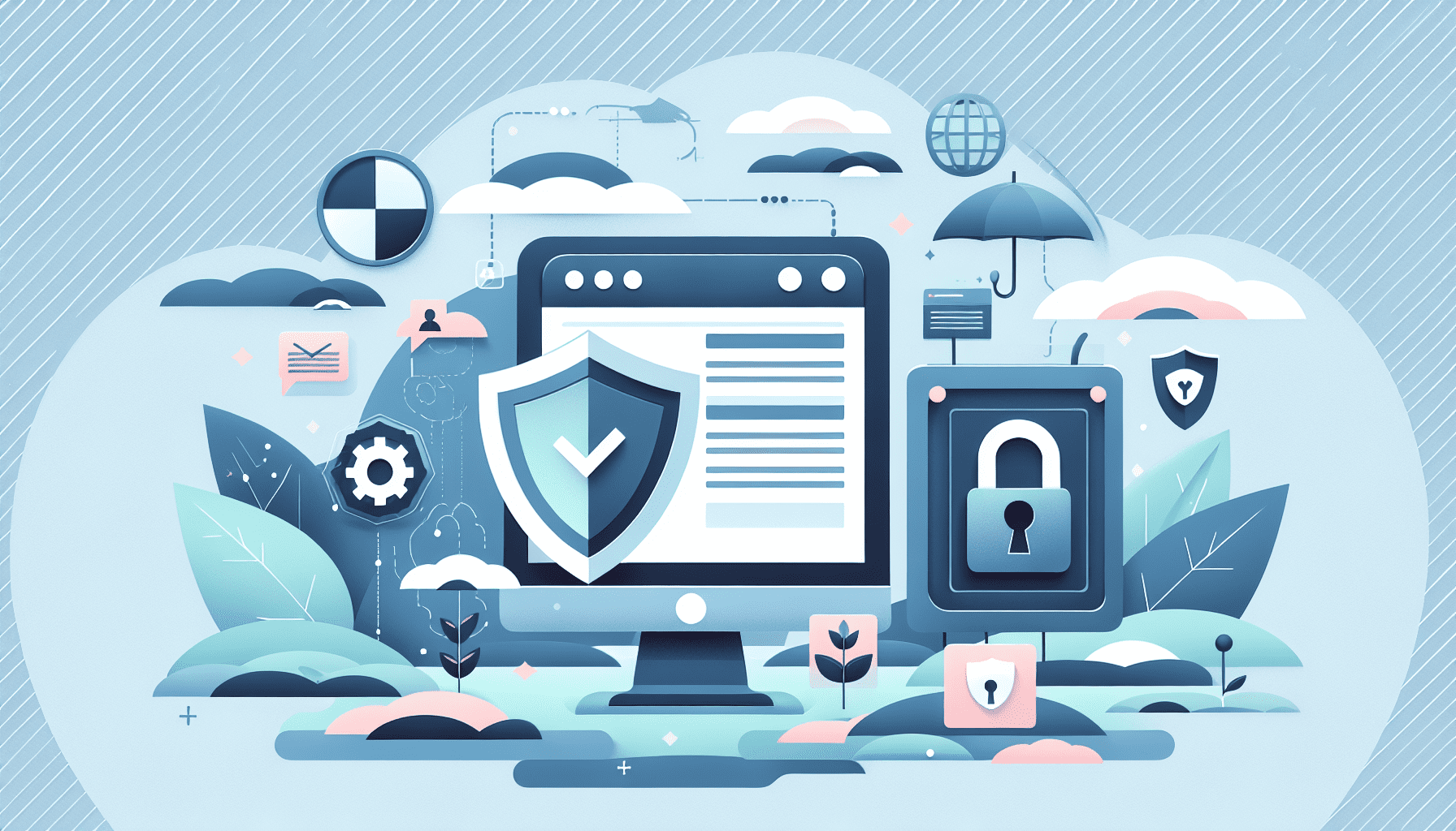 Ilustración de un candado que protege un sitio de WordPress con una lista de verificación de seguridad.