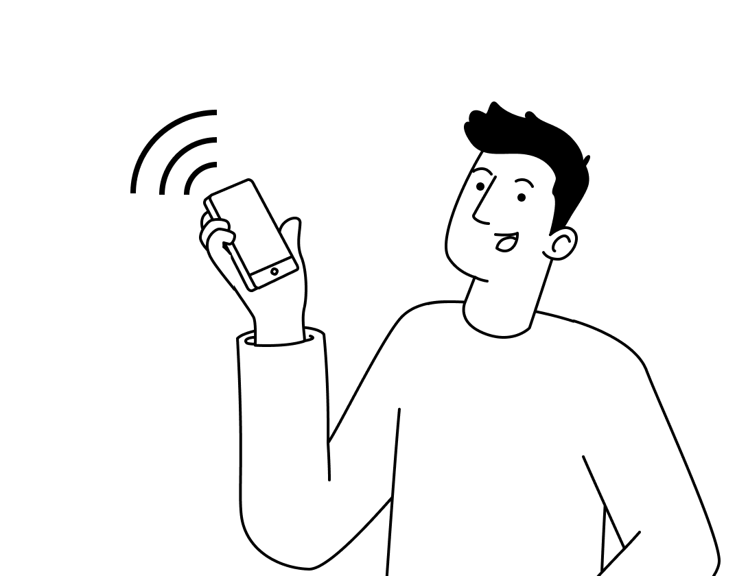 Person in a white shirt holds up a smartphone, smiling, with a sparkle and circular orbits in a black abstract background.